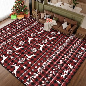 ASPMIZ Christmas Area Rugs 8x10, Buffalo Plaid Rugs for Living Room, Red Reindeer Washable Rug Low Pile, Snowflake Bedroom Rug Non Slip, Soft Faux Wool Throw Carpet for Christmas Decorations