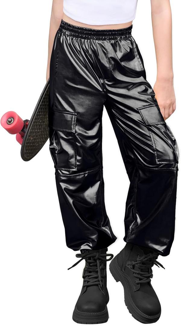 Haloumoning Girls Metallic Cargo Jogger Pants Kids Sparkly Hip Hop Dance Outfits High Waist Pants 5-14 Years (11-12 Years, Black)