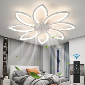 35" Geometric Ceiling Fan with Light Remote Control, 6 Speeds 3 Colors, White Low Profile Flush Mount Ceiling Fan for Kitchen Bedroom Living Room