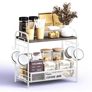 Coffee Bar Organizer for Countertop Station, Simple Assembly 2 Tier Shelf for Home,Office, Coffee Cup Holder Storage Organization for Counter Accessory Storage Rack with 4 Hooks Space-Saving