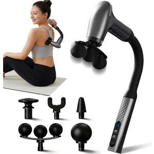 Massage Gun with Upgraded Extension Handle, Massage Gun Deep Tissue  Back Massager for Relief Deep Tissue, Muscles/Neck/Shoulders/Waist/Legs Massager,5 Replaceable Heads&9 Speed Levels (Space Silver)