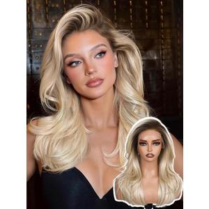 FAVE 13x6 Synthetic Lace Front Wig 18 Inch Blonde Layered Glueless Wig Pre Plucked Hairline Natural Density Kanekalon Futura Synthetic Wigs for Women Ombre Ash Blonde