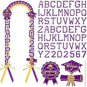 Spakon 62 Pcs Graduation Leis 2025 Graduation Ribbon Lei Necklace Decorations with Letter Wooden Pattern for Student(Purple Gold)