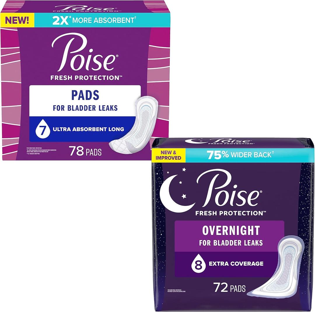 Poise Incontinence Pads & Postpartum Incontinence Pads for Women Bundle: 7 Drop Ultra Absorbency, Long Length, 78ct and 8 Drop Overnight Absorbency, Extra-Coverage Length, 72ct
