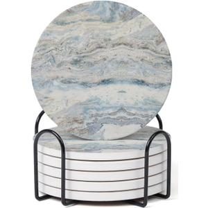 Set of 6 Mix Color Abstract Onyx Marble Coasters with Holder, Absorbent Ceramic Coasters for Drinks, Coasters with Cork Backing for Table Protection, Home Decor, Coffee Table Decor