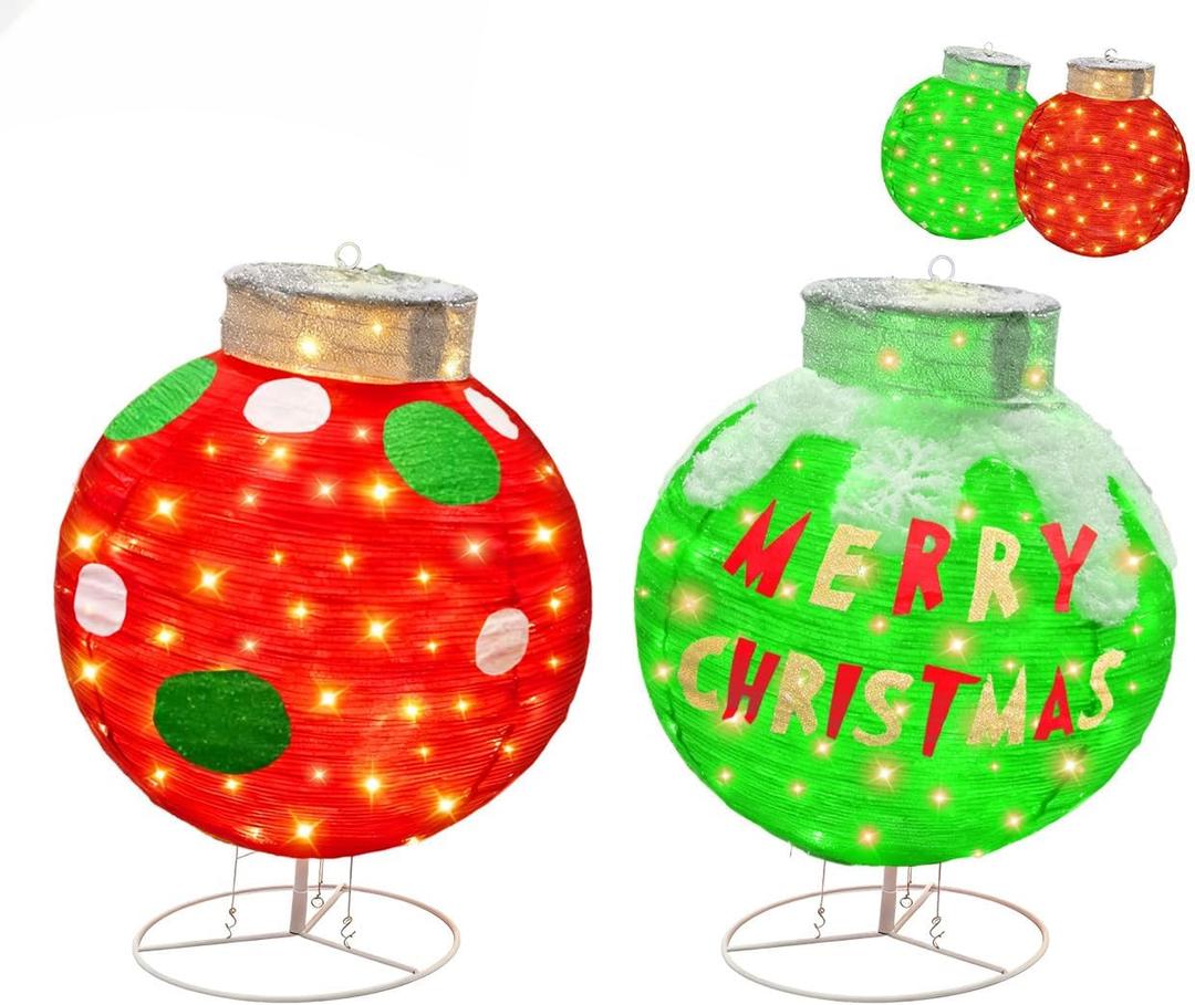 2pc Lighted Pop-Up Outdoor Christmas Ornament Set, Holiday Ball Decorations with 120 LED Lights, Outdoor Christmas Decor Collapsible for Yard - Red/Green