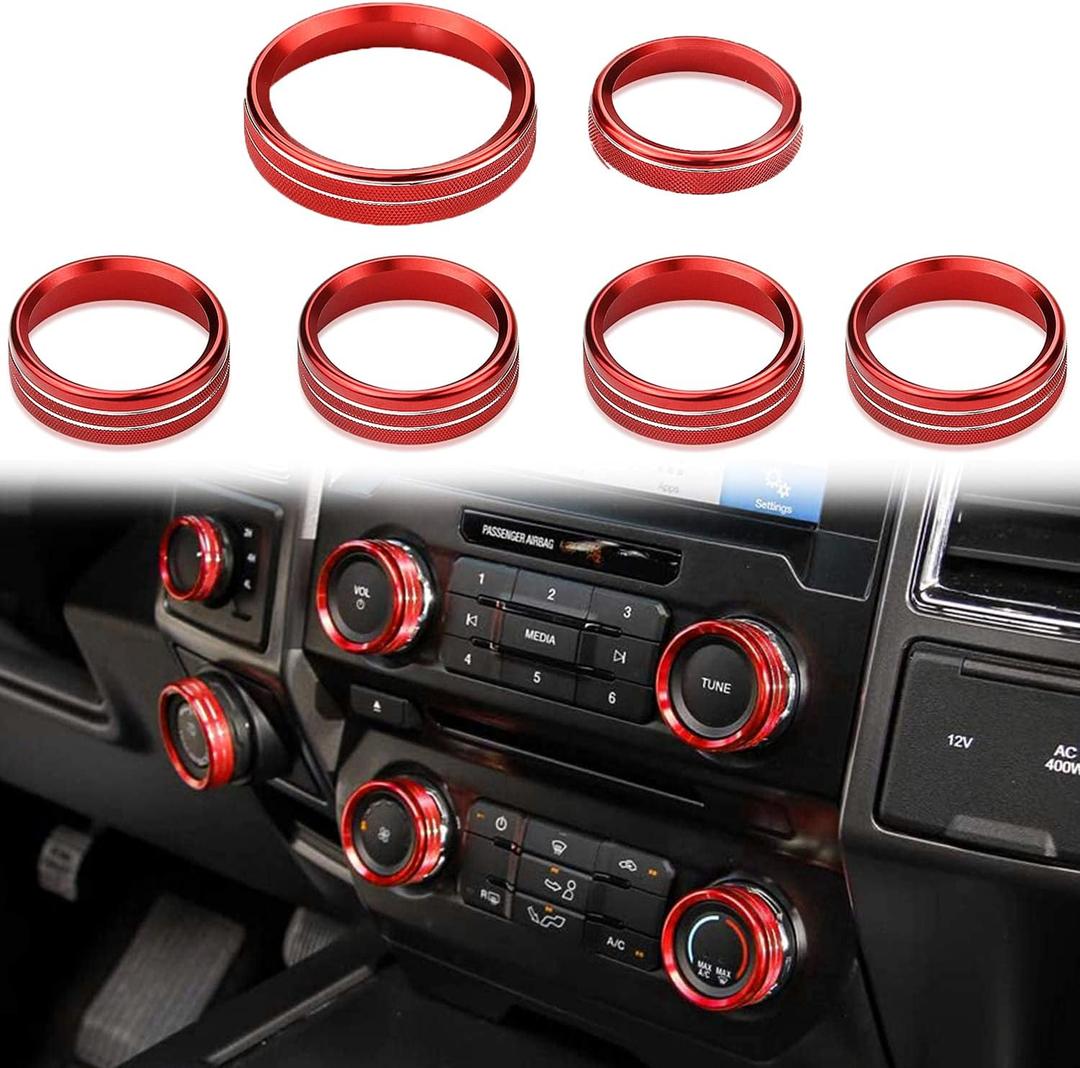 F150 XLT 4WD & Trailer Engine Knob AC VOL Air Conditioner Switch Cover Audio Trim Ring Center Console Knob Compatible for Ford F150 XLT Accessories 2015-2019 6PCS (Red)