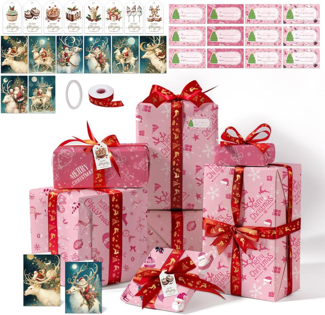 Tlenpo Christmas Wrapping Paper, with 16.4 Yd of Ribbon, Greeting Cards, Gift Tags & Stickers, 8 Sheets Xmas Gift Wrap Paper Suitable for Christmas Winter Holiday New Year Party Decoration, 19.6"  28.3" (Pink)