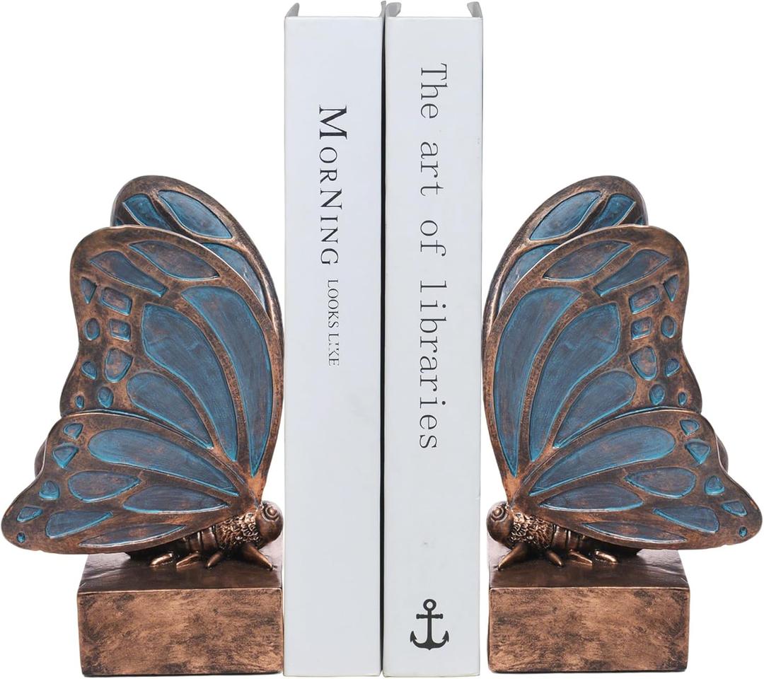Vintage Blue Butterfly Bookends,Resin Book Ends for Shelves,Heavy Duty Decorative Bookends,Creative Book Stopper Holder Decor for Desk Home Office,Shelf Decoration,Gifts for Mother's Day