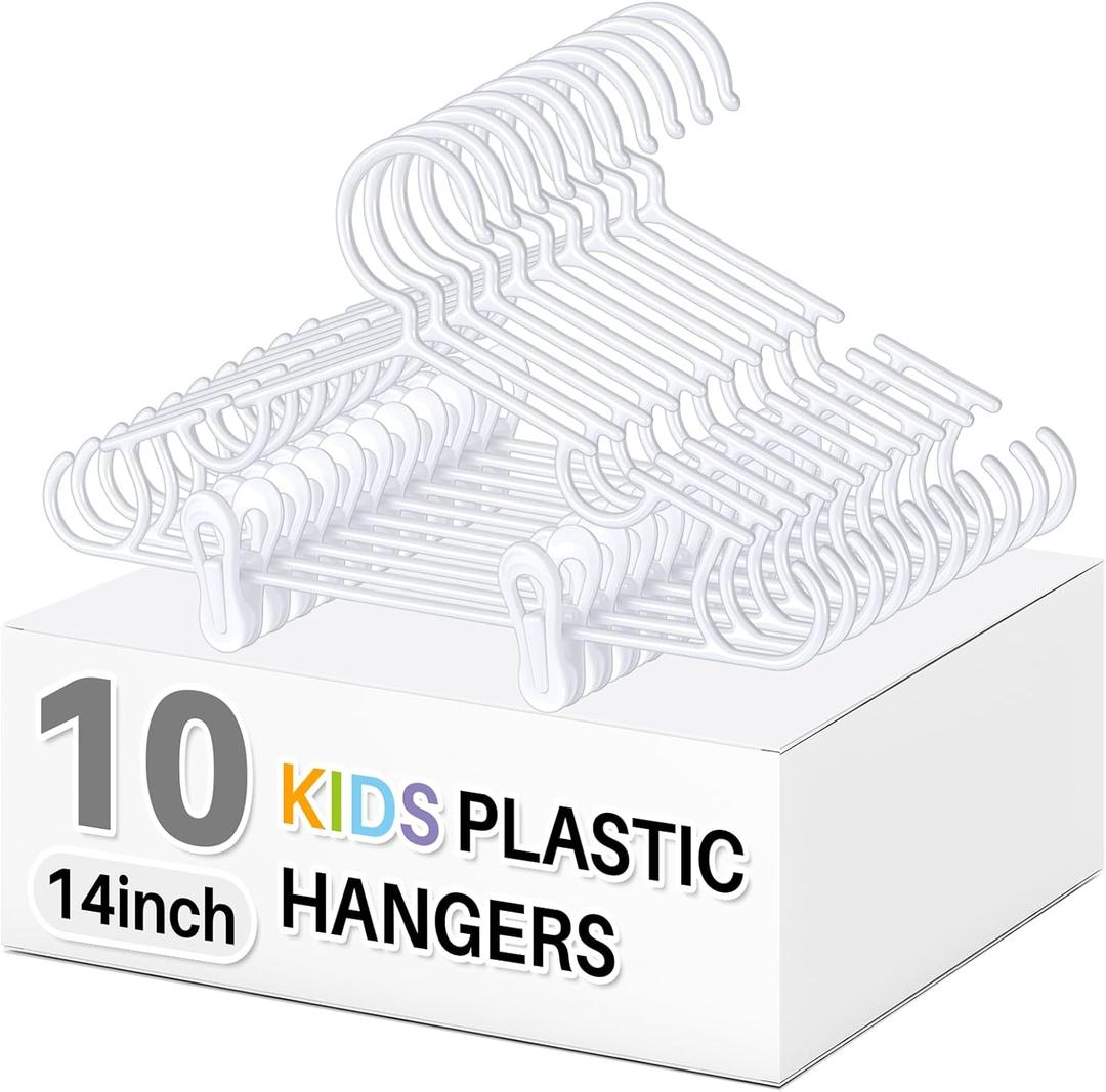 Hsei 10 Pcs 14 in Baby Youth Kids Clothes Hangers with 20 Clips for Pants Non-Slip Toddler Plastic Hangers for Child Aged 7-12 Years, Space Saving Design with Shoulder Notches for Trousers Tops Jeans