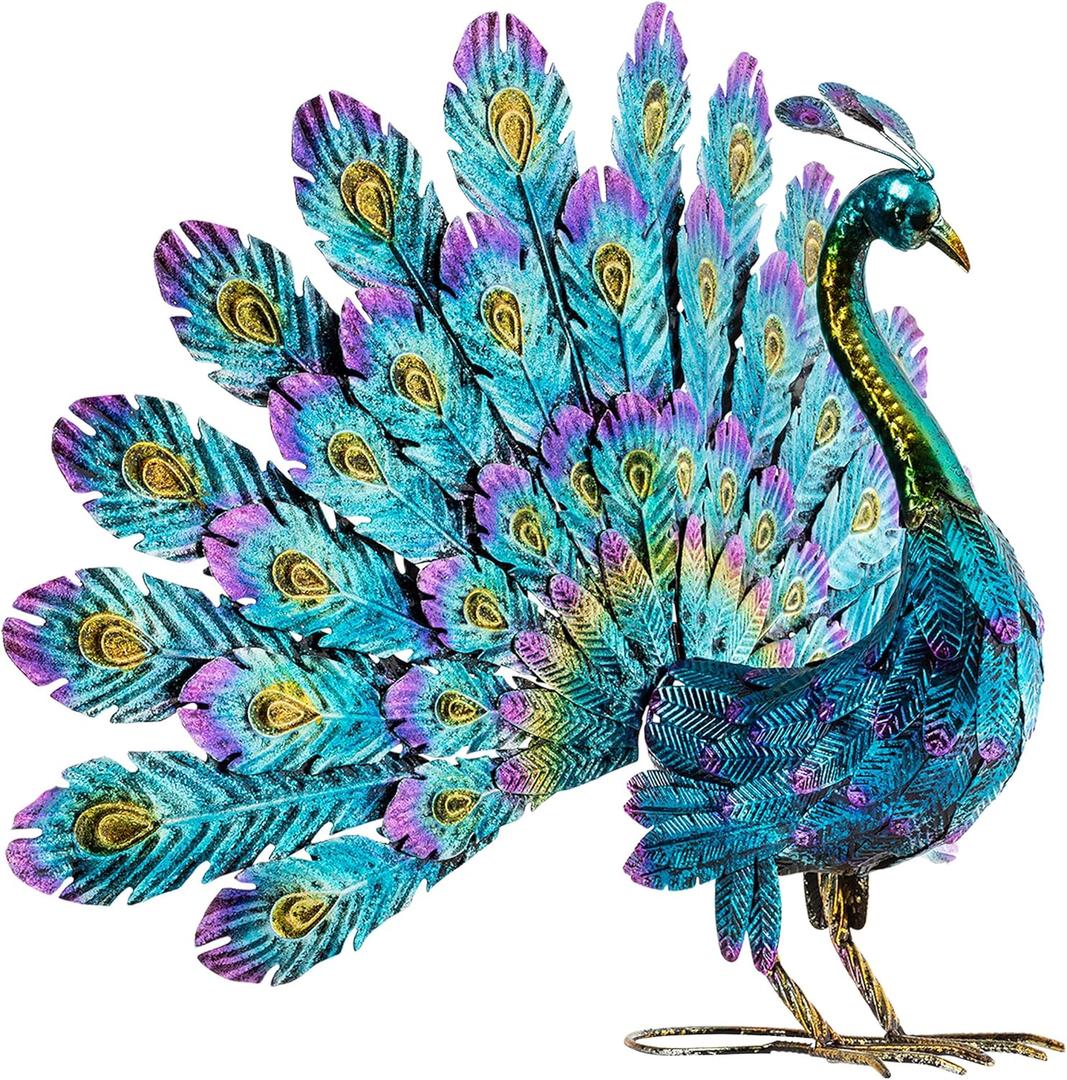 Alpine Corporation - 23" Tall Outdoor Metallic Peacock Tail Spread Yard Statue  Vibrant Garden Sculpture for Patio, Lawn, or Entryway (Multicolor)