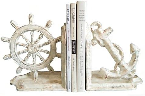 Anchor Bookends Decorative, Anchor and Nautical Ship Wheel Bookends Set,Heavy Duty Cast Iron Book Holder, Book Ends for Shelves Living Room Home Office, Antique Blue, 1 Pair/2Pieces (Antique White)