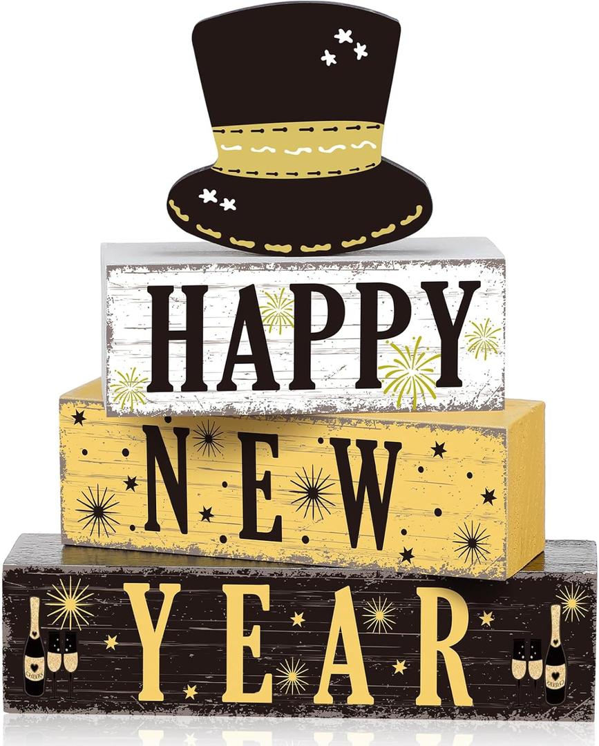 Thyle 4 Pcs Happy New Year Decorations Wooden Tiered Tray Decor Happy New Year 2026 Table Centerpieces Black Gold Table Decor Eve Party Supplies for Holiday Gifts