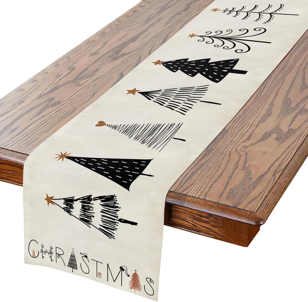 Christmas Tree Table Runner Colorful 13x72 Inch Polyester Linen Table Decoration for Kitchen Dinning, Indoor Outdoor Home Party Desktop Decor