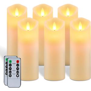 5plots 7"x 2.2" Flickering Flameless Candles, Battery Operated LED Pillar Candles with Timers and Remote Control, Made of Wax-Like Frosted Plastic, Wont Melt, Ivory, Skinny, Set of 6