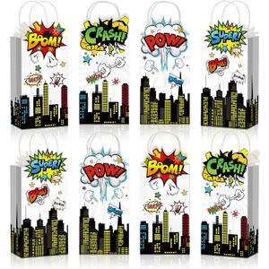 Kolldenn 24pcs Hero Party Favors Bags bulk with Handles Comic Boom Kraft Paper Goodie Gift Bags for Birthday Party Supplies Baby Shower Decorations