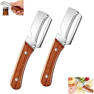 Multi-Functional Vegetable Peeler for Kitchen, With Wooden Handle and Bottle Opener, Comfortable and non-slip handle Stainless Steel Blade Easy to Clean for Fruit Potato Pumpkin Papaya (2 PCS)