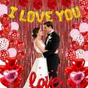 2 x Red Valentines Day Decorations Set, I Love You Banner 1000Pcs Rose Petals Red Pink Heart Hanging Streamer Foil Balloons Paper Pompom Foil Curtain for Wedding Romantic Anniversary Party Decor