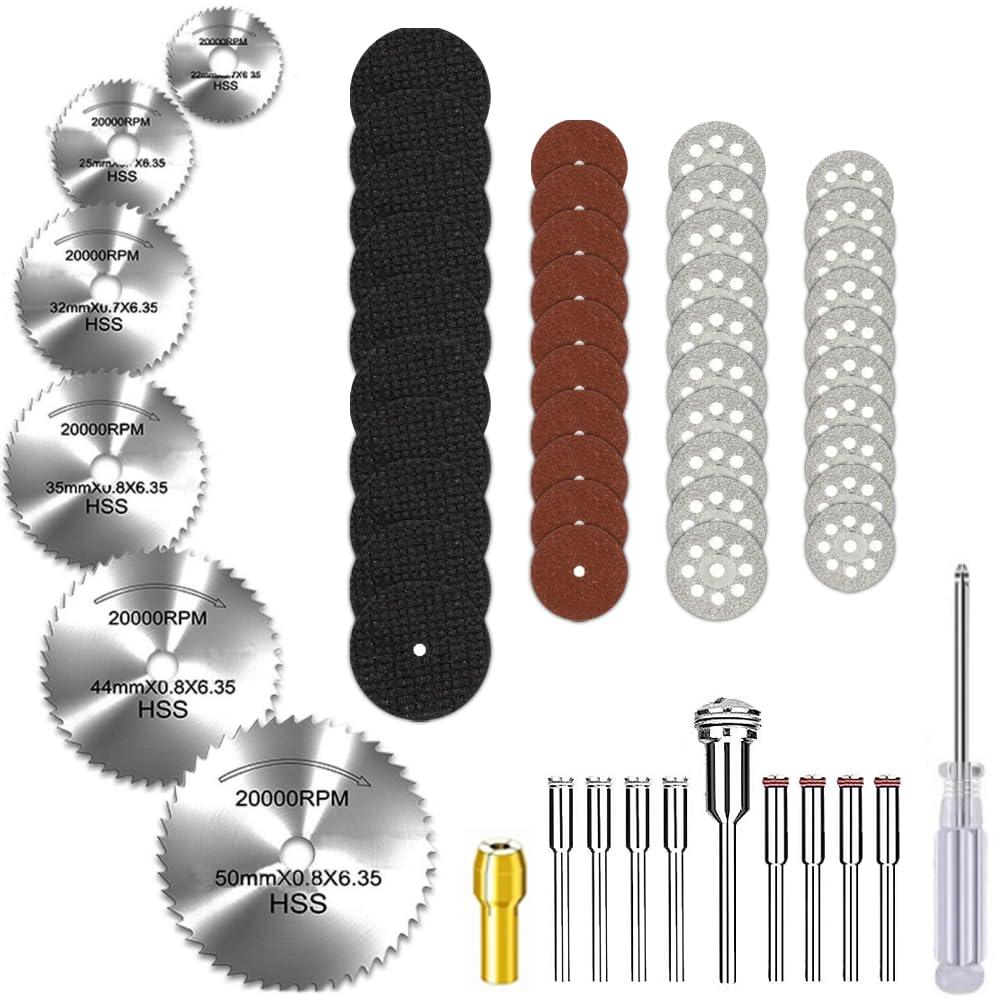Cutting Wheel Set Compatible with Rotary Tool with 1/8" Shank, 545 Diamond Cut-Off Wheel 20 pcs, HSS Saw Blade 6pcs, Fiberglass Cutting Wheel 10pcs, Resin Cutting Discs 10pcs,1 Screwdriver,1 Collet
