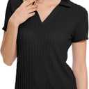 YuKaiChen Women's Polo Shirts Casual Summer Collared Tops Short Sleeve Knit Tops V Neck (Black, S)