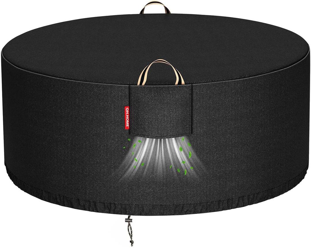 [2025 Upgraded 900D Fabric] Fire Pit Cover Round for 45-48 inch Fire Pit, 900D Heavy Duty Waterproof Fireplace Cover with Air Vent, Handle & Tightening Drawstring, 48"Dia x 24"H -Black