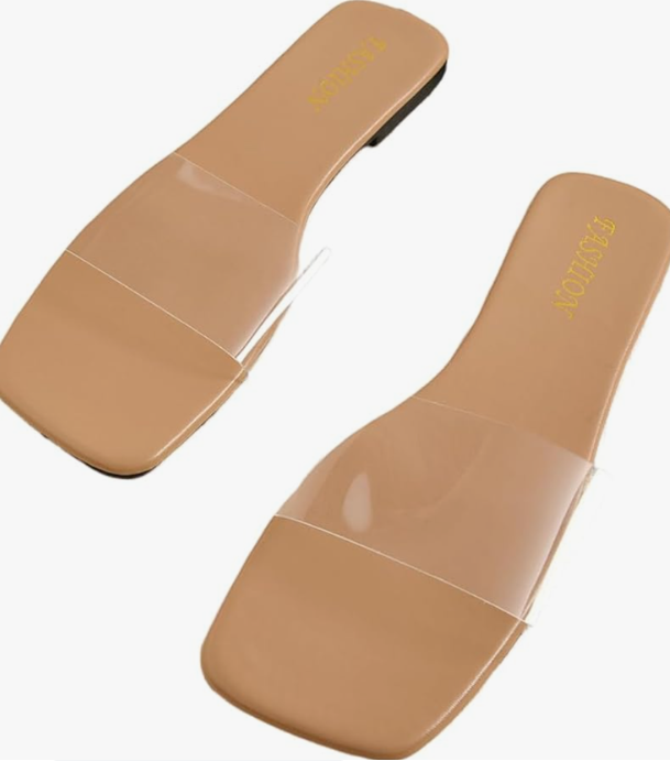 GORGLITTER Women's Clear Sandals Jelly Transparent Flat Slides Dressy Square Open Toe Slip On Flip Flops Shoes Size 43