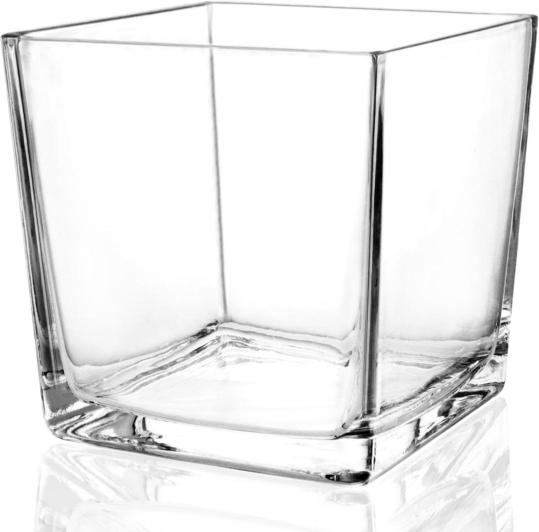 1 Pack Square Glass Vase 6" x 6" x 6", Clear Flower Vase for Centerpieces, Candle Holder for Wedding Party Events, Home Dcor