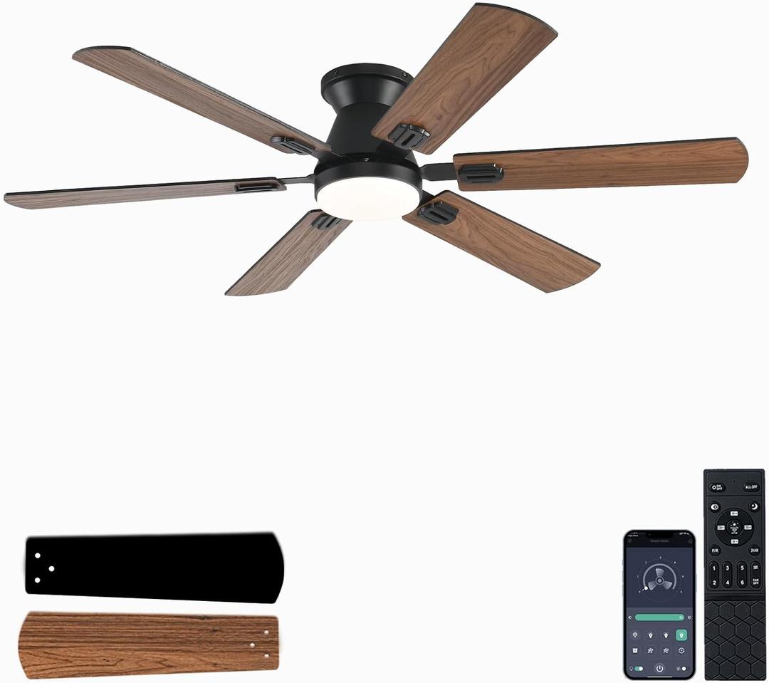 KNUN 56 inch Ceiling Fans with Lights,Brown Flush Mount Ceiling fan with Light and Remote/APP Control, 3CCT, Dimmable, Noiseless, Low Profile Ceiling Fan for Bedroom, Patio, Indoor/Outdoor Use
