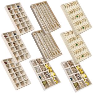 SPAKOWN Jewelry Organizer for Drawer, Adjustable Velvet Jewelry Tray, Stackable Necklace Organizer Earring Holder Organizer Ring Tray Jewelry Storage Display Drawer Inserts Set of 9 (Beige)