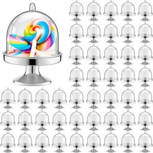 Tessco for you 48 Pieces Plastic Mini Cake Stand with Dome Cover Chocolate Candy Cupcake Containers Dessert Display Plate with Dome Cover for Birthday Wedding Holiday Party Supplies(Silver)