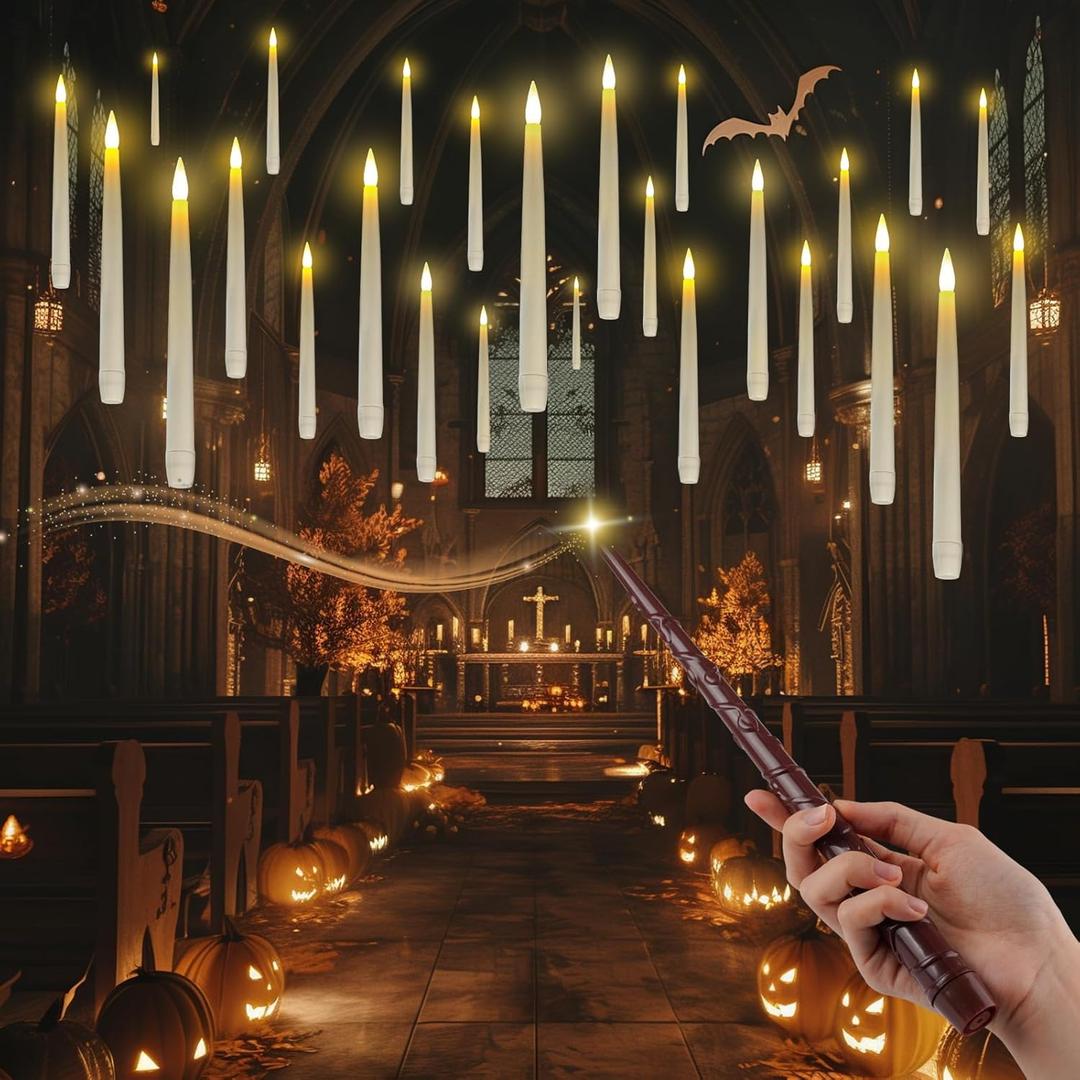 Homemory 20PCS Floating Candles with Wand Remote, Magic Hanging Candle with Timer, Flickering Warm Light Floating Candles for Halloween Christmas Birthday Party Decor