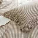 Silnuo Taupe/White Plaid Ruffle Duvet Cover Queen Size,100% Washed Cotton 3 Pcs Vintage Checkered Chic Gingham Bedding Set Comforter Cover Set