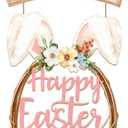 Easter Decorations for Front Door, Wooden Hanging Openwork Bunny Egg Wreath, Happy Easter Welcome Sign for Home Wall Spring Party Housewarming Gift(Easter Bunny)