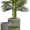 Keter Cylinder Set of 3 Rattan Resin Planter for Indoor and Outdoor Plants Ideal Decorative Planter for Porches and Patio Decor, Taupe, Medium