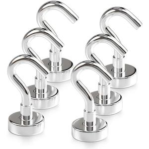 Magnetic Hooks 27 LBS (Pack of 6 Silver) - Heavy Duty Neodymium Hooks for Outdoor & Backyard Use - Strong Rare Earth Magnets for Cruise Cabins - Magnetic Hooks for Kitchen & Refrigerators
