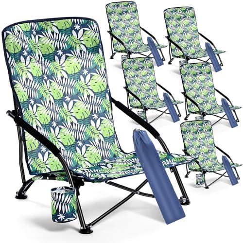 Menkxi 6 Pack Low Beach Chairs, Portable Lightweight Folding Chair for Adults, Low Seat Camping Chairs with Cup Holder, Carry Bag for Outdoor Beach Lawn Sand Picnic Travel, (Low Back, Rainforest)