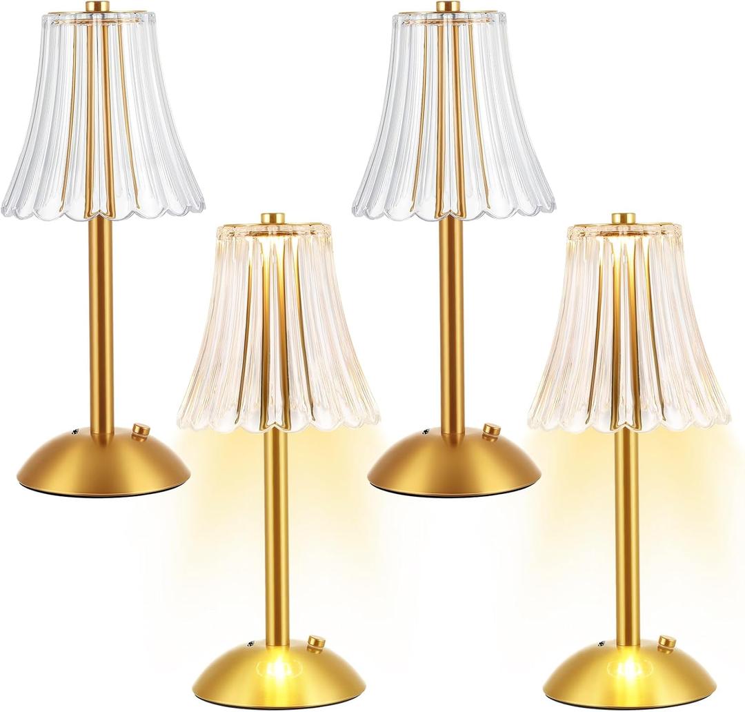 Liliful 4 Pcs LED Portable Cordless Gold Table Lamp Touch Battery Operated Rechargeable Desk Lamp 3 Color Dimmable for Bedroom Living Room Dining (Rose Style)