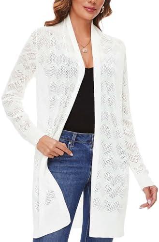 Women's Lightweight Summer Crochet Open Front Long Shawl Cardigan Hollow-Out Sweater size S (White)