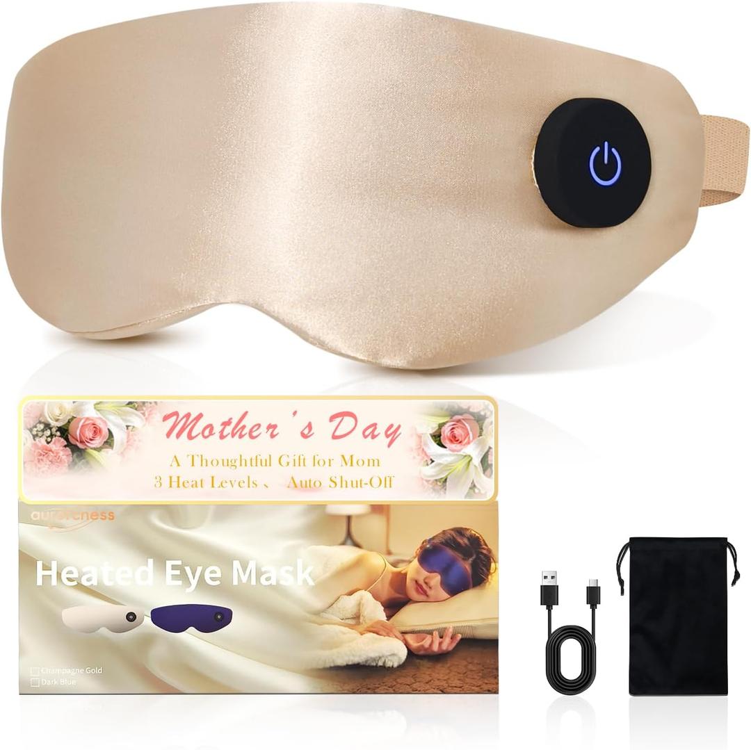 Heated Eye Mask for Dry Eyes  Cordless Warm Eye Compress, 100% Mulberry Silk Sleep Mask with Graphene Heating, 3 Heat Levels and Auto Shut-Off, Rechargeable & Washable