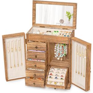 SINGBLA Jewelry Box Organizer, Farmhouse Wooden Jewelry Boxes for Women Girls, 6 Layer Jewelry Case Storage with Bracelet Holder Display Hooks for Necklaces Earrings Rings Bracelets (Carbonized Brown)