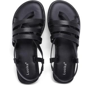 Luoika Women's Wide Width Flat Sandals, Flip Flop Casual Strapy Sandals Slip on Summer Beach Shoes for Women. (11 X-Wide, Black 769)