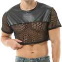 FEOYA Fishnet Top Men's Mesh Crop T Shirts Transparent Pu Tee Round Neck Long Short Sleeve Muscle Sexy Top Cluwear (Black, M)