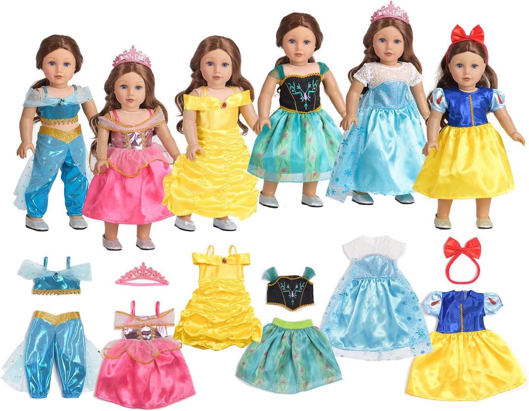 18 Inch Doll Clothes 6 Sets Princess Dresses Accessories Costume Jasmine Aurora Belle Snow White for 18 Inch Dolls