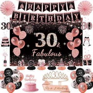 30th Birthday Decorations for Women - Rose Gold 37Pcs Complete Party Kit with Banner, Backdrop, Tiara, Sash, Cake Topper, Latex Balloons, Hanging Swirls, Centerpieces | Birthday Party Supplies