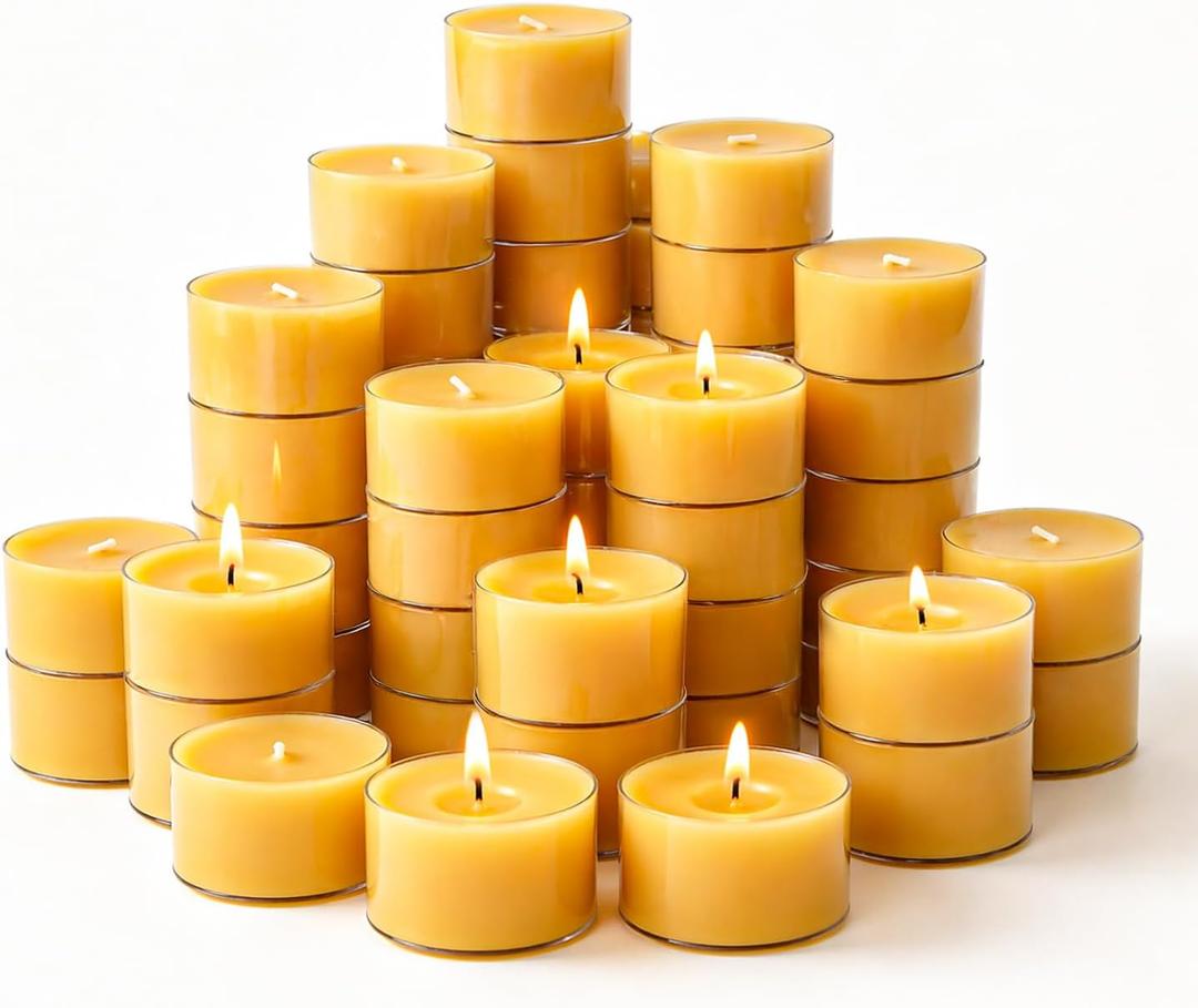 Crenovo 48 Pack Beeswax Tea Lights, 4-Hour Long Burning Tealight Candles, Ideal for Dinners Meditation Home Decor Tea Candles