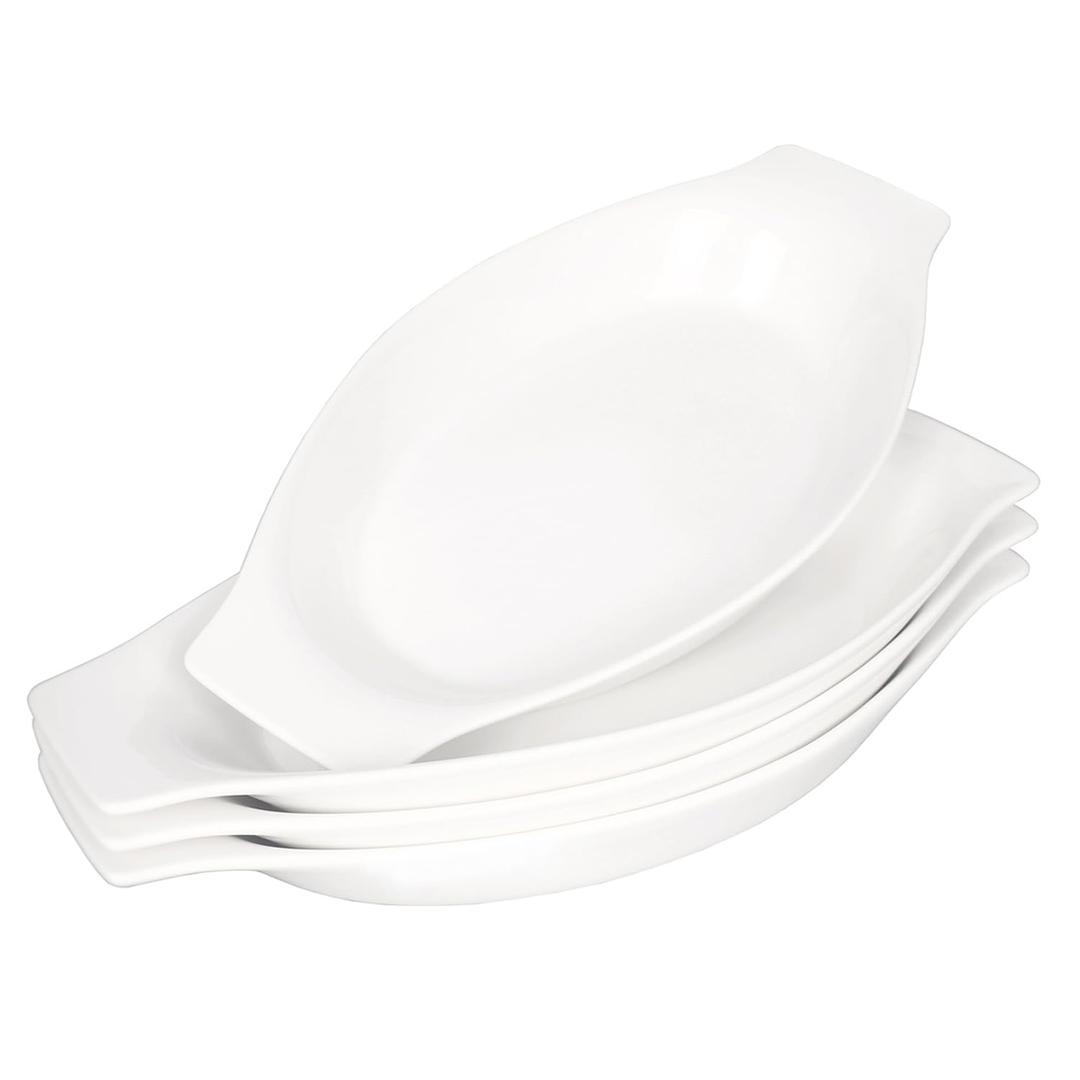 jinsongdafa 4" x 3"Ceramic Mini Oval Au Gratin Baking Dishes 3.5 oz, Set of 4 Banana Split Bowls,Oven and Microwave Safe, for 1 person servings, Bakeware with Handle(6.5 IN) for Kitchen and Home