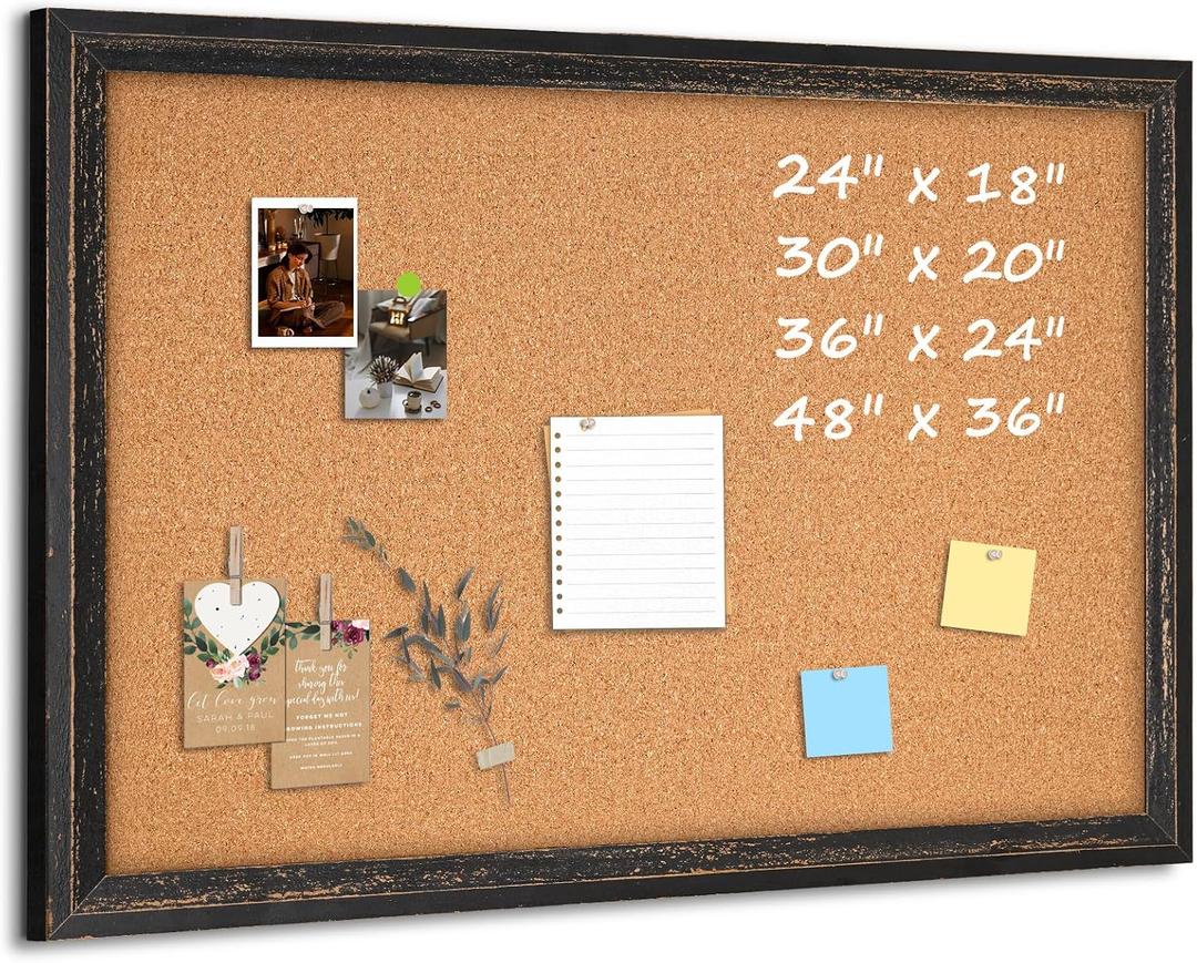 Cork Bulletin Board, 36" x 24" Corkboard for Wall, Rustic Black Wooden Frame, Hanging Pin Board for Home Office Dorm Classroom Decor, 10 Push Pins