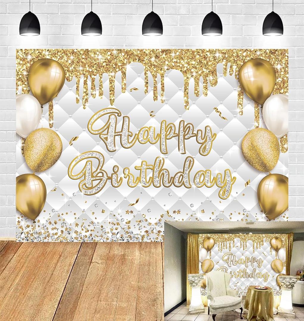 7x5ft White Gold Birthday Backdrop Glitter Sequins Balloon Diamond Fluid Background Women Girls Men Luxury Party Banner Photo Booth Props