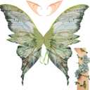 Fairy Wings Costume Set for Adults - Cosplay Accessories Butterfly Wings with Elf Ears, Fairy Flower Arm Wrap for Halloween (Green)