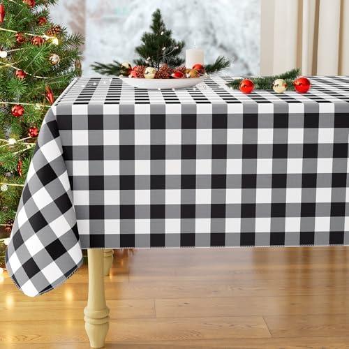 misaya Rectangle Waterproof Vinyl Table Cloth, Buffalo Flannel Backed Tablecloth, Wipeable Plastic Table Cover for Dinner, Kitchen, Outdoor (60" x 84", Black and White)